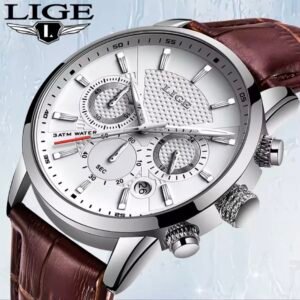 montre lige homme fine quartz design minimaliste doré chronographe date et bracelet cuir