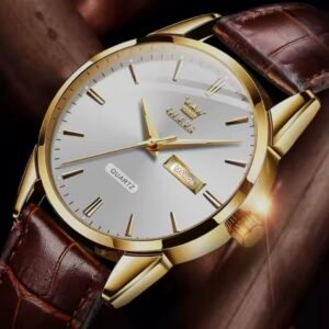 montre olevs homme fine quartz design minimaliste doré date et bracelet cuir