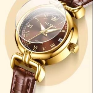 montre olevs luxe femme fine quartz design doré date bracelet cuir index romains